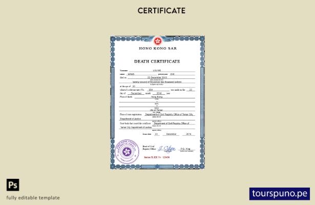 listo para imprimir la plantilla PSD del certificado de defunción del registro 3
